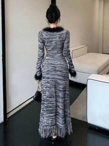 DAZY Women's Patchwork Furry Long Sleeve Sweater Dress - Grey - View 2