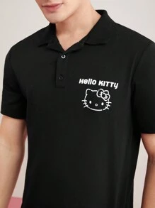 HELLO KITTY AND FRIENDS | SHEIN Men Letter & Cartoon Print Short Sleeve Polo Shirt - Black - View 3