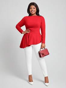 SHEIN Lady Áo thun nữ dài tay có viền bất đối xứng cỡ lớn - Đỏ - Xem 6