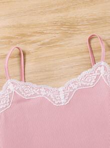 SHEIN Teen Girls' Lace Contrast Color Wave Hem Cami Top And Ditsy Floral Print Shorts Homewear - Pink - View 4