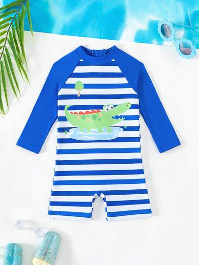 Baby Boy Infant Boys' Striped Cartoon Alligator Pattern Swimwear With Patchwork Design
