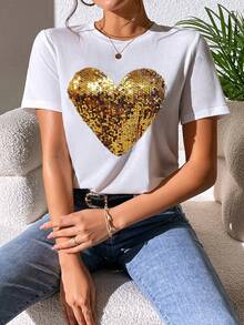 SHEIN LUNE Sequin Heart Pattern T-Shirt Graphic Tees Women Tops - White - View 3