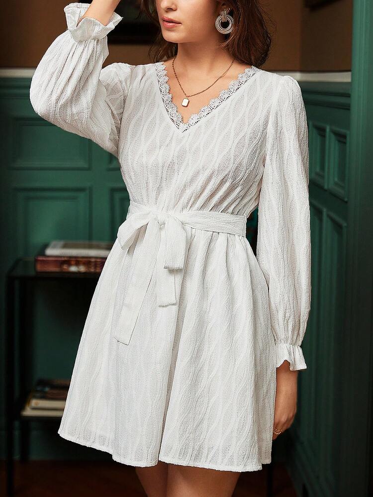 White Dress Lace Trimmed Ruffle Sleeve Dress Winter Casual