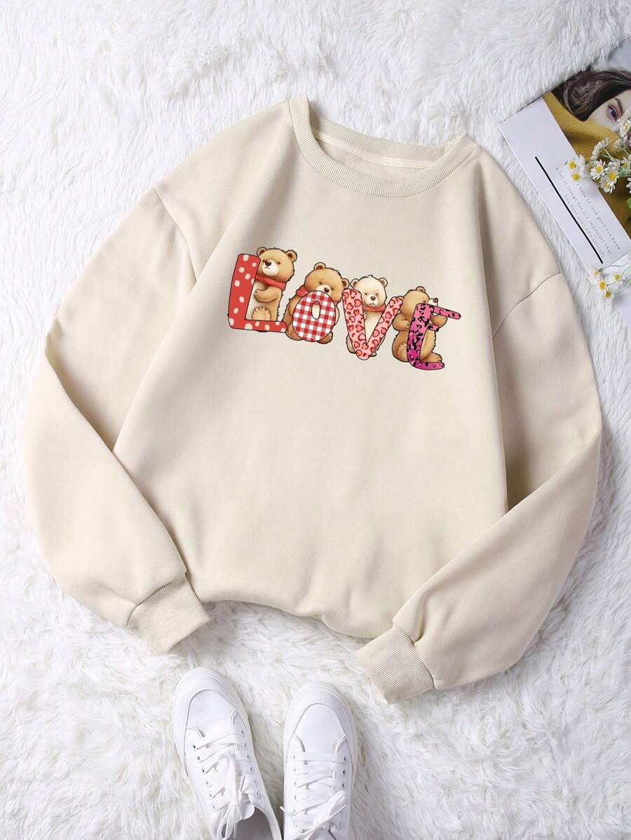 SHEIN LUNE 女士信件與熊印花圓領衛衣 - 米色 - 查看 1