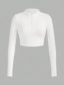 SHEIN Sports 純色拉鍊開襟半扣合修身運動衫 - 白色 - 查看 9