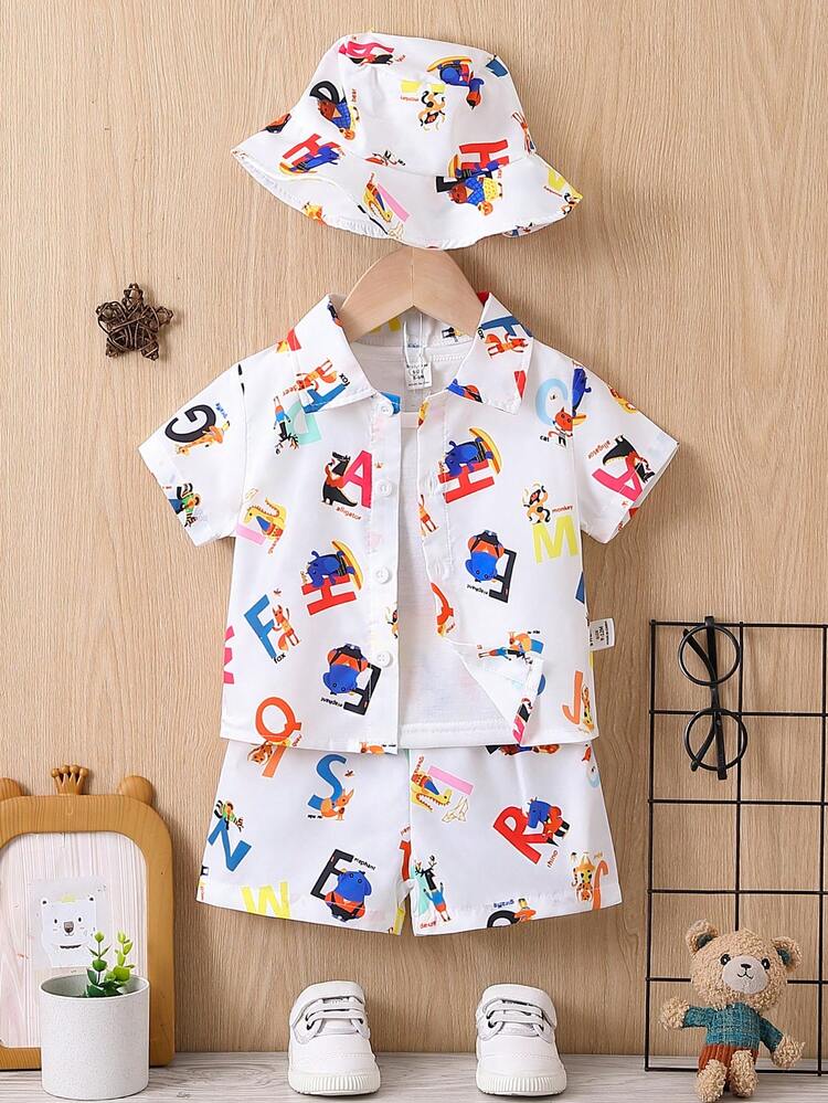 Baby Boys' Fashionable And Versatile Artistic Design Printed Shirt And Shorts Casual Outfit
