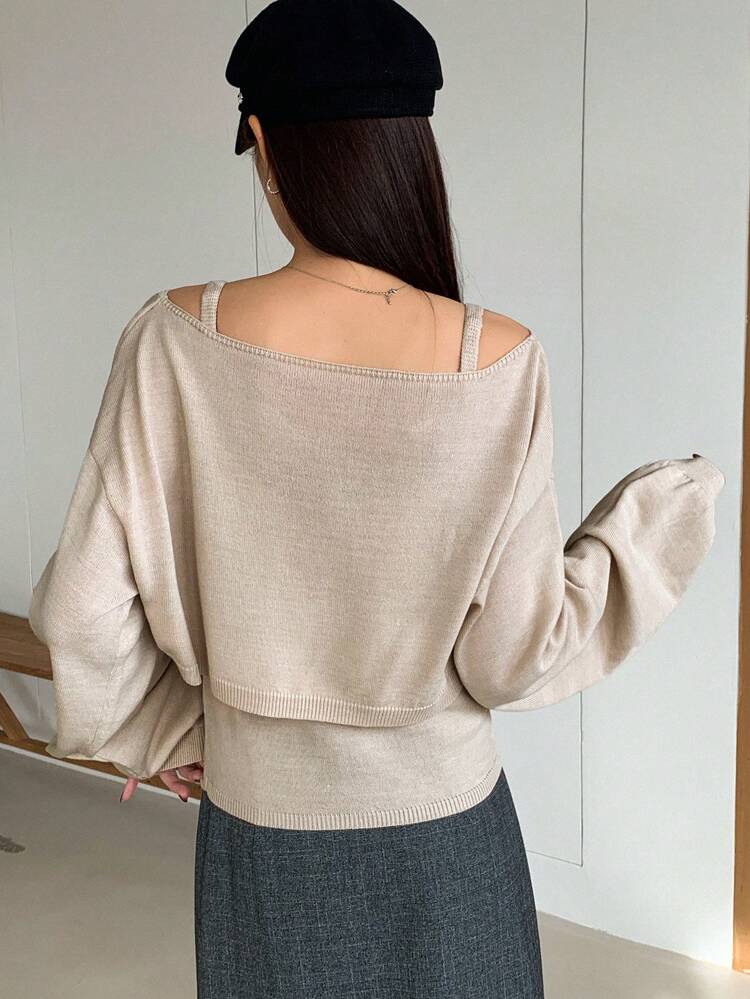 Solid Color Round Neck Long Sleeve Women's Knitted Sweater 2pcs/Set,Fall Clothes