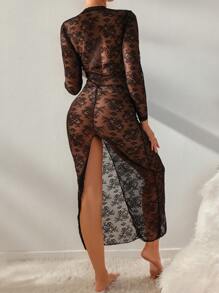 Women Black Sheer Long Sleeve V Neck Lace Lingerie Dress - Black - View 2