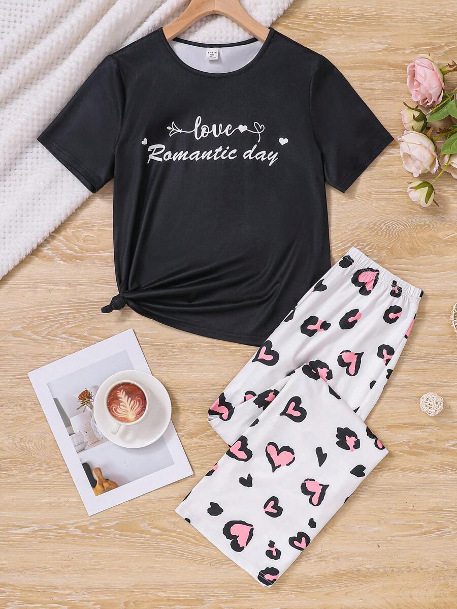 SHEIN Teen Girls' Heart & English Letter Printed T-Shirt And Pants Pajama Set - Black and White - View 1