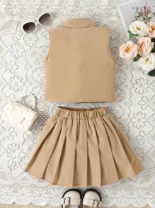 SHEIN 少女款2入組純色翻領無袖背心和百褶裙套裝，適合度假、夏季