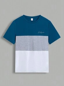 SHEIN Camiseta Corta De Manga Corta Con Estampado De Letras Y Bloques De Color Casual Para Adolescentes, Adecuada Para El Verano