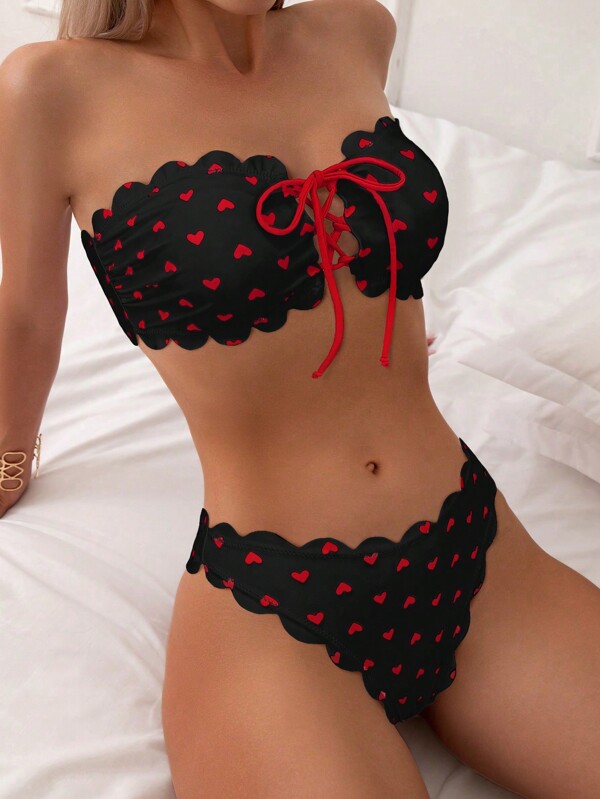 Swim Mod Summer Beach Women's Heart Printed Bandeau Bikini Set Valentine