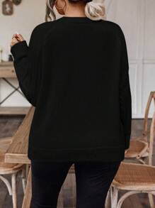 SHEIN LUNE Plus Size Women's Raglan Long Sleeve Sweater - Black - View 2