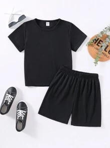 SHEIN Toddler Boys' Short Sleeve T-Shirt And Shorts Set - Black - View 1