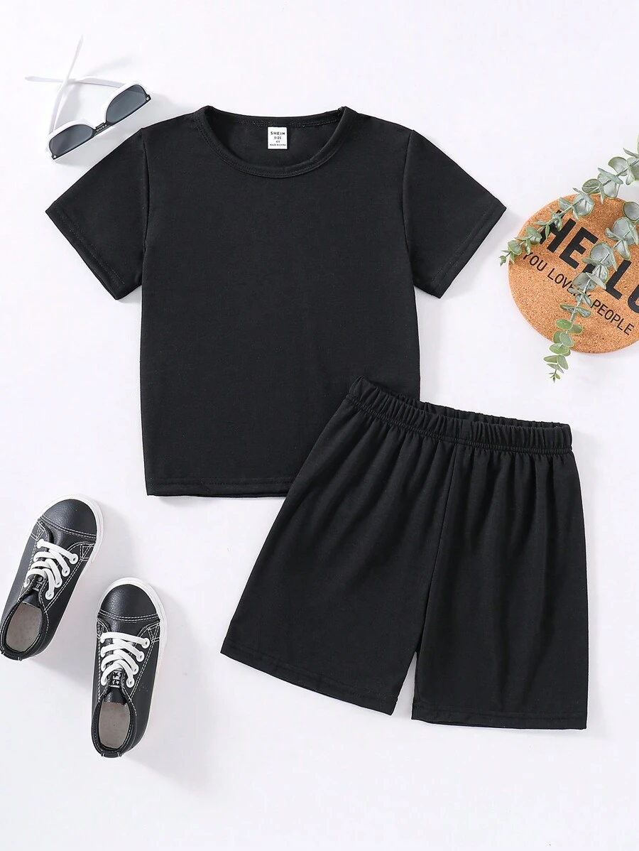 SHEIN Toddler Boys' Short Sleeve T-Shirt And Shorts Set - Black - View 1