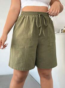 SHEIN EZwear Của phụ nữ Kích thước lớn Eo dây rút Màu thuần Quần short Với Nghiêng Túi - xanh quân đội - Xem 4