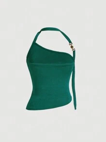 SHEIN MOD Quý cô Kim loại Nút Trang trí Xếp li Áo ba lỗ - Màu xanh lá cây đậm - Xem 2