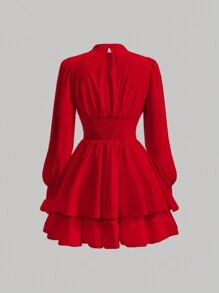 SHEIN MOD 女用蝴蝶結裝飾燈籠袖襯衫連身裙 - 紅色 - 查看 3