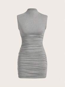 SHEIN EZwear Solid Color Stand Collar Pleated Bodycon Dress - Light Grey - View 1