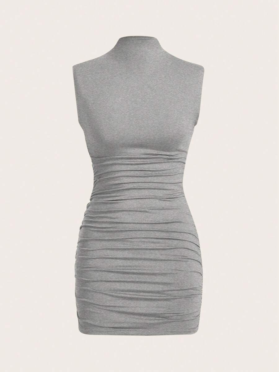 SHEIN EZwear Solid Color Stand Collar Pleated Bodycon Dress - Light Grey - View 1