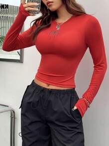 SHEIN EZwear 女款蜘蛛印花長袖修身短t恤 - 紅色 - 查看 3