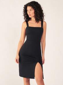 SHEIN BASICS 女士纯色前开衩紧身连衣裙休闲晚宴连衣裙 - 黑色 - 查看 4