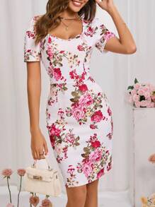 SHEIN Clasi Floral Print Sweetheart Neck Bodycon Dress - Multicolor - View 6