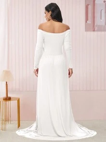 Pregnant Women Open Shoulder Extra Long Maternity Dress For Photography - White - View 2