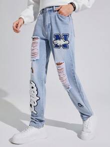 SHEIN Gestickte Buchstaben Jeans Mit Geradem Schnitt Und Samt-futter Für Männer Und Teenager