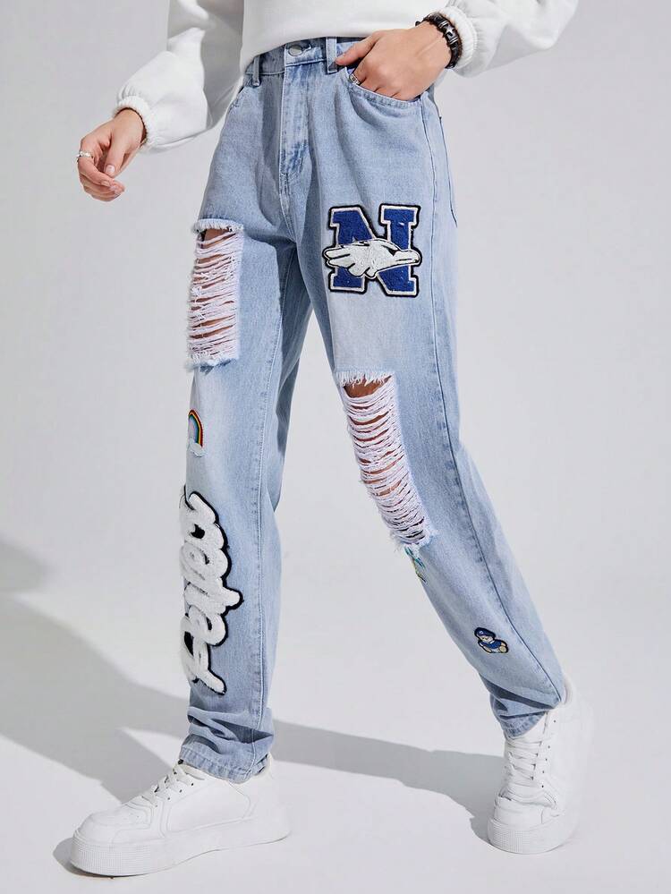 Men's Teenagers' Embroidered Letter Ripped Straight Jeans With Velvet Inside