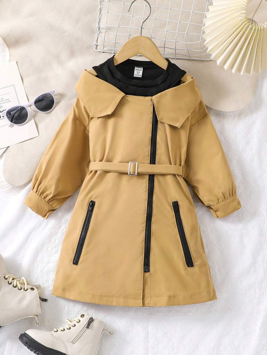 SHEIN New Style Girls' Fashionable Sweet Color Block Zipper Closure Dress - Khaki - View 1