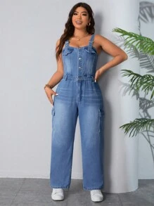 SHEIN VCAY Denim Overalls In Plus Size - Blue - View 4