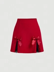 SHEIN MOD Falda Roja De Encaje Para Mujer Con Parches Y Lazo - Rojo - Ver 1