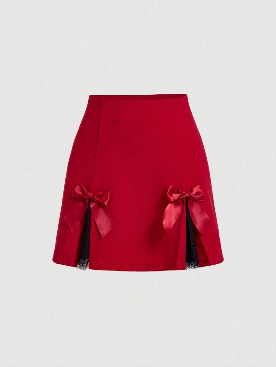 SHEIN MOD Falda Roja De Encaje Para Mujer Con Parches Y Lazo - Rojo - Ver 1
