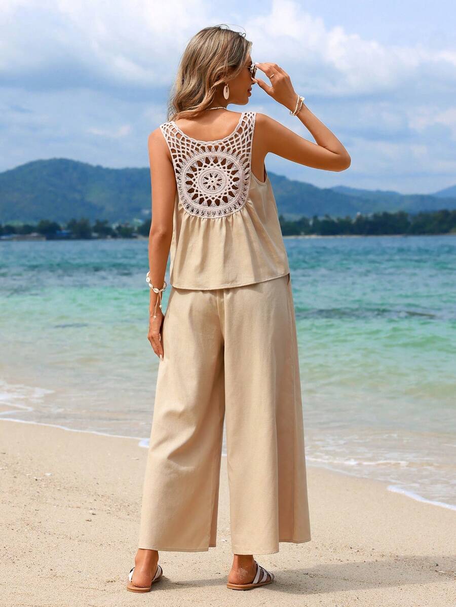 鉤織面板無背無袖上衣和寬腳褲度假套裝 - 卡其色 - 查看 1