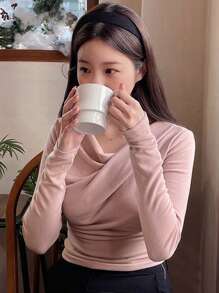 DAZY 围脖领纯色长袖褶皱T恤，秋装 - 粉色 - 查看 3