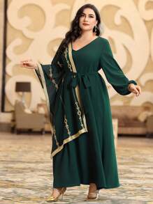 Al Najma Plus Size Flower Embroidery Patchwork Dress Kaftan Jalabiya Dress - Dark Green - View 5