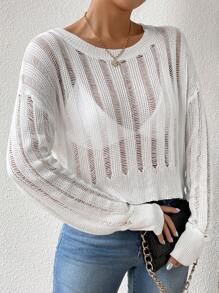 Chiquease Solid Color Hollow Out Knitted Round Neck Sweater With Drop Shoulder