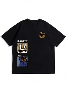 Men'S Cartoon & Letter Print Short Sleeve T-Shirt - Black - View 1