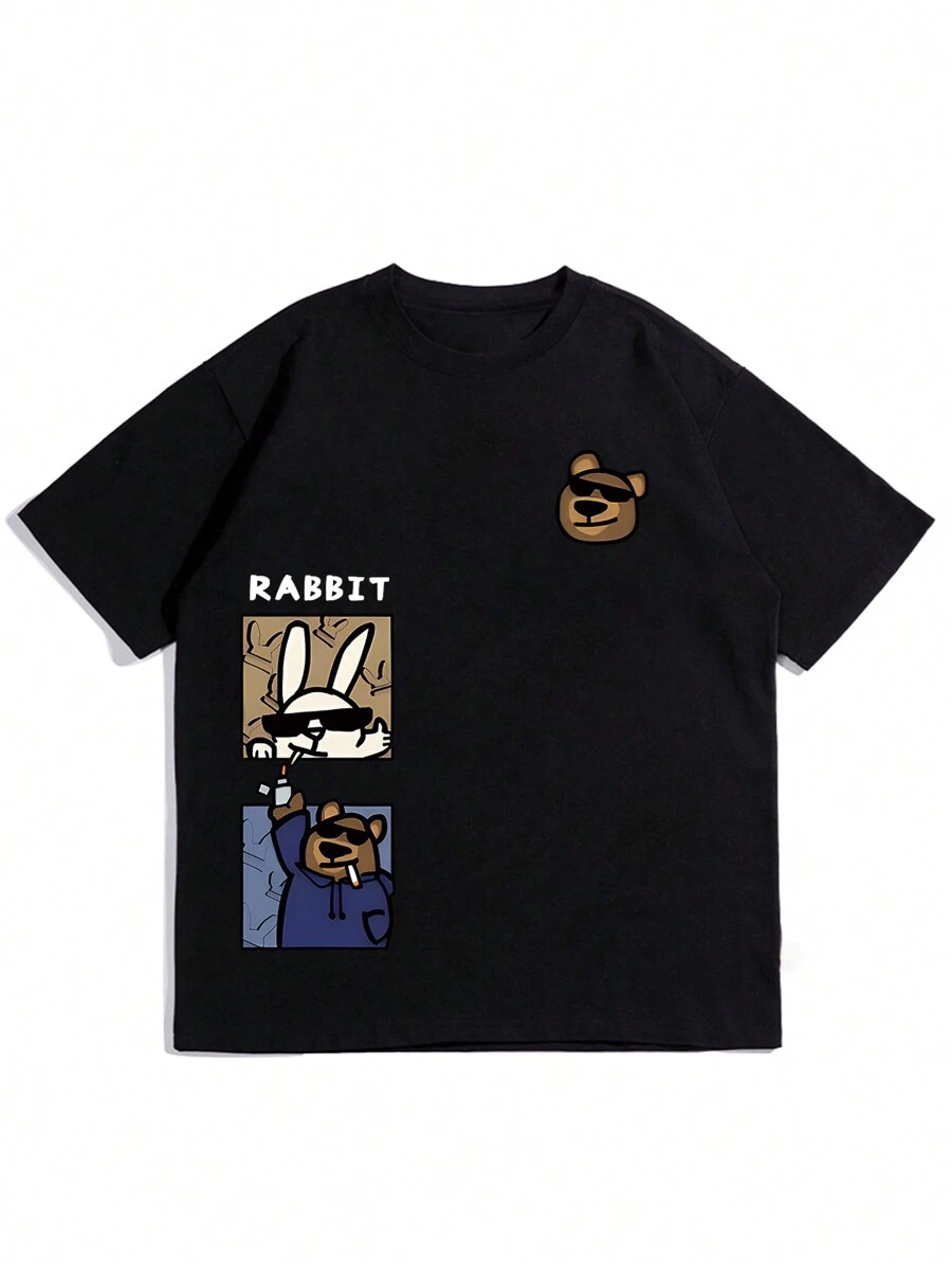 Men'S Cartoon & Letter Print Short Sleeve T-Shirt - Black - View 1
