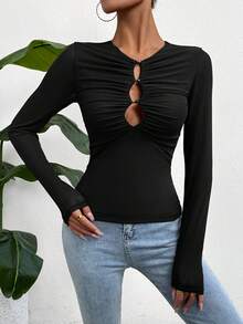 SHEIN Essnce Women's Hollow Out & Pleated Slim Fit T-Shirt - Black - View 6