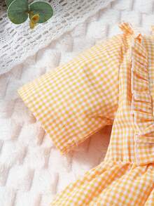 SHEIN Em bé Cô gái Giải trí Thanh lịch Vintage Thêu hoa Vàng & Trắng Kẻ sọc Đứng cổ áo Đầm Cho mùa xuân Và Mùa hè , Thích hợp - trái cam - Xem 5