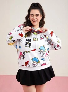 HELLO KITTY AND FRIENDS | SHEIN Plus Cartoon Allover Print Drawstring Hoodie - White - View 1