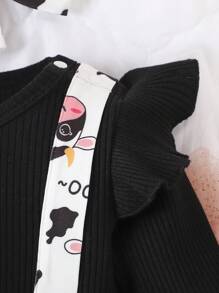 Baby Girl's 2 In 1 Cap Sleeve Jumpsuit With Big Bowknot And Cow Print - Black - View 6