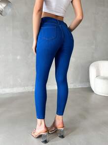SHEIN Cottnline Blue High Waisted Skinny Jeans - Blue - View 2