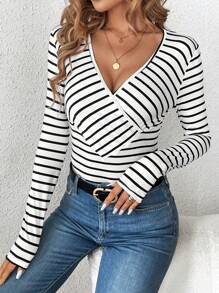 SHEIN LUNE Ladies' V-Neck Long Sleeve Striped T-Shirt - Black and White - View 3