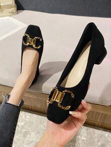 流行經典款絨面厚跟女鞋，方頭，金屬鏈扣裝飾，適用於四季的女士平底鞋 - 黑色 - 查看 3