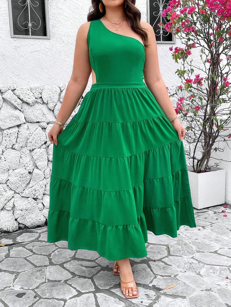 Women's Plus Size One Shoulder Solid Color Ruffled Hem Backless Dress