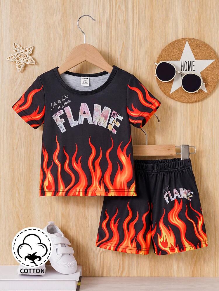 Baby Boys' Flame & Letter Print Streetwear Fashion Outfit
