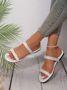 全新夏秋季白色圓頭女拖鞋多帶子人造珍珠裝飾時尚平底軟底法式沙灘涼鞋 - 白色 - 查看 8